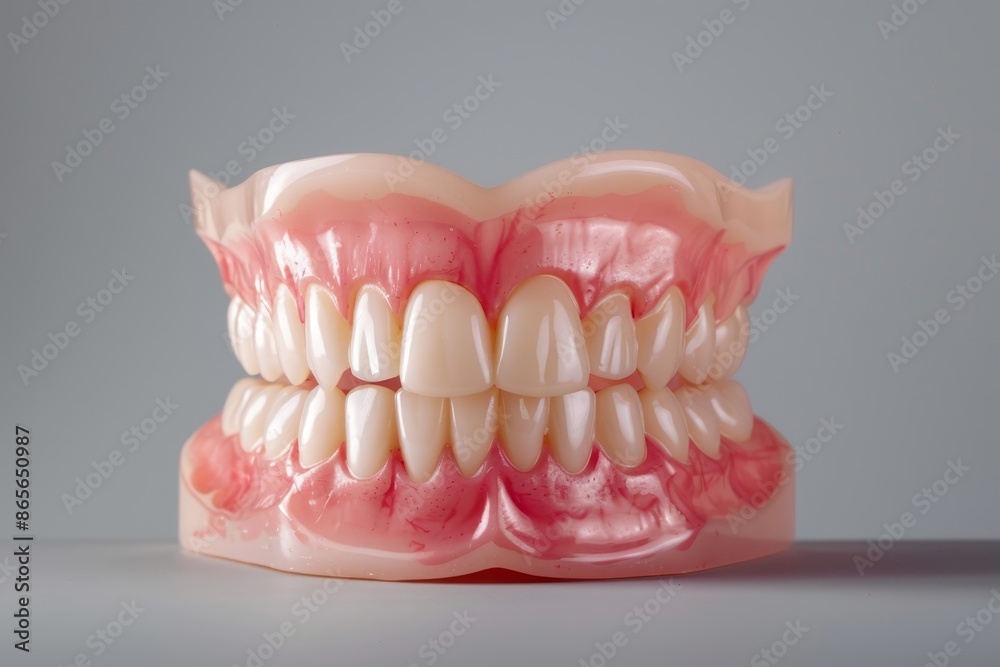 Obraz premium Dental hygiene model in studio for teeth whitening with dentist on gray background