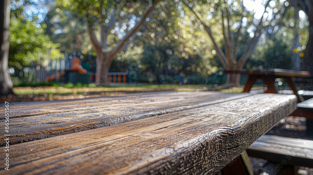 Empty picnic table in a park with trees and a playground in the background Empty picnic table in a park with trees and a playground in the background