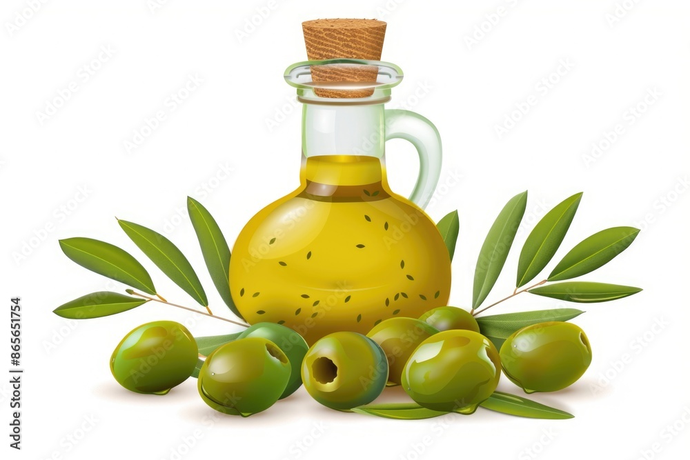 A bottle of olive oil sits next to a selection of green olives, perfect for cooking or as a decorative element A bottle of olive oil sits next to a selection of green olives, perfect for cooking or as a decorative element