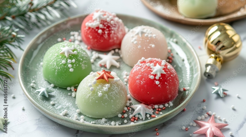 Festive Christmas Mochi with red and green festive icing and sprinkles of stars Festive Christmas Mochi with red and green festive icing and sprinkles of stars