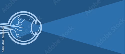 eye, eyeball with visible light beam, root, optics, ophthalmology - banner, blue vector background with free copy space