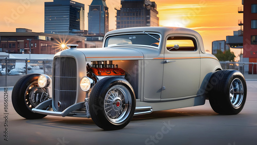 beautiful old timer hot rod vintage matte grey car at sunset, transport and vehicles, automotive background, auto mock up	