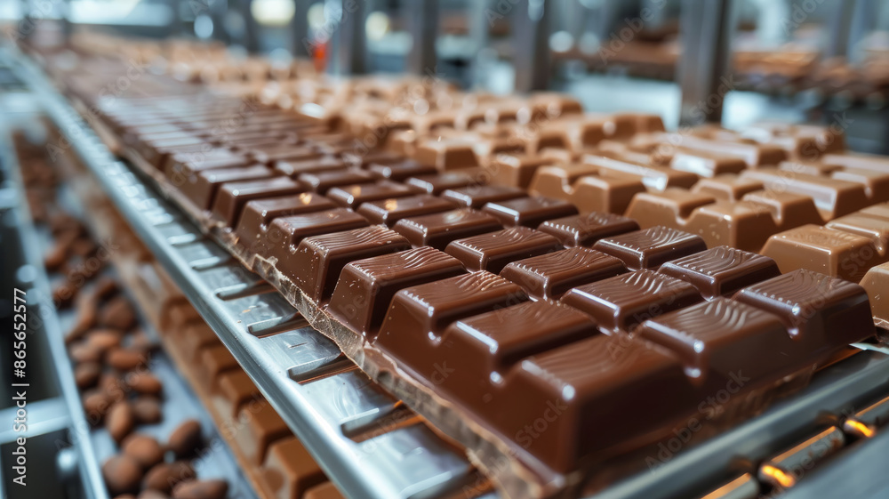 Chocolate bars on a conveyor in a production factory. Chocolate bars on a conveyor in a production factory.