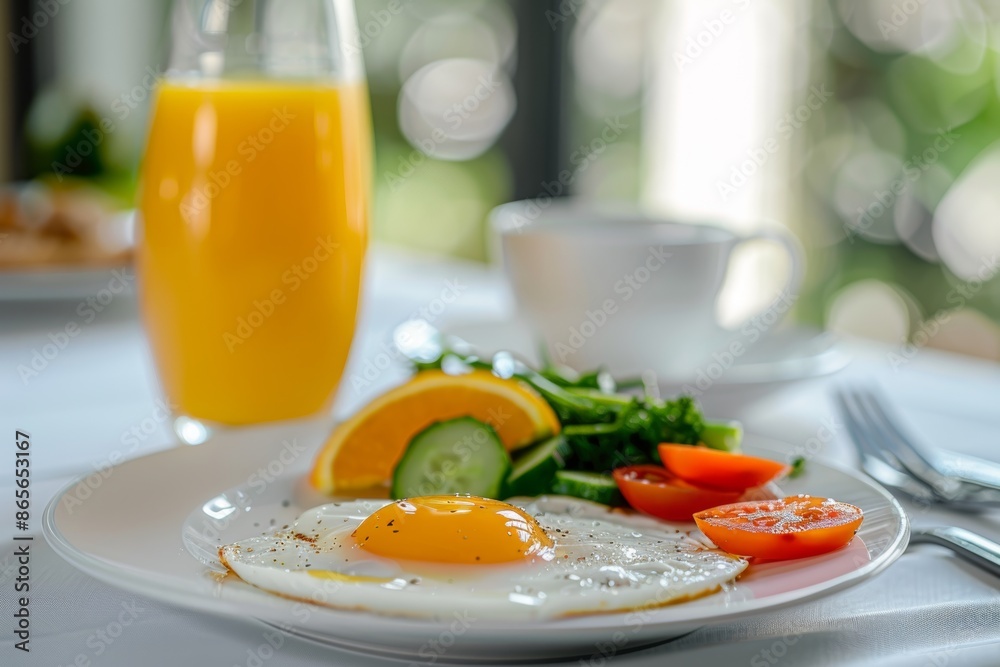 Nutritious breakfast with fried egg, fresh veggies, and orange juice on white table Nutritious breakfast with fried egg, fresh veggies, and orange juice on white table