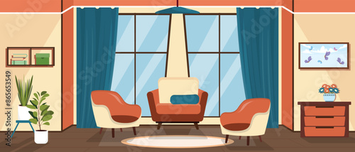 Vector illustration of a cozy living room interior.Cartoon scene of a spacious stylish room with large windows, curtains, soft chairs, a carpet on the floor, a sideboard, vases, a picture,a bookshelf.