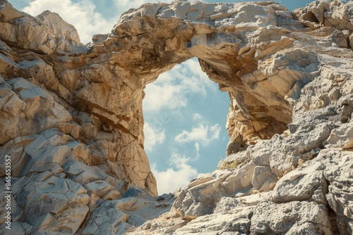 A rocky outcropping featuring a natural hole or cave, suitable for use as a geological or landscape reference image