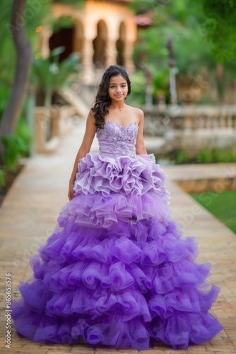 Smiling Hispanic teenage girl posing wearing her quinceanera fancy outfit posing for a formal portrait in a beautiful park
