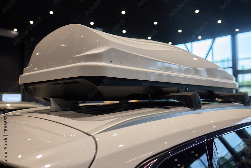 White vehicle with roof box, hood, grille, bumper and automotive lighting White vehicle with roof box, hood, grille, bumper and automotive lighting