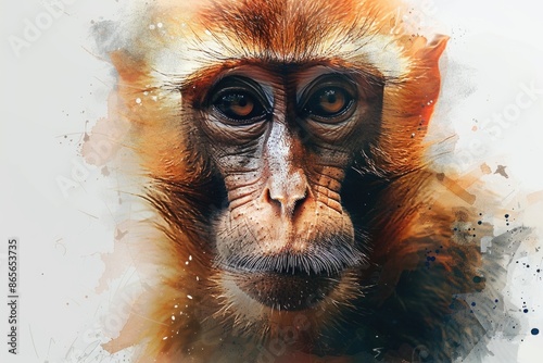 A detailed view of a monkey's face, isolated against a white background