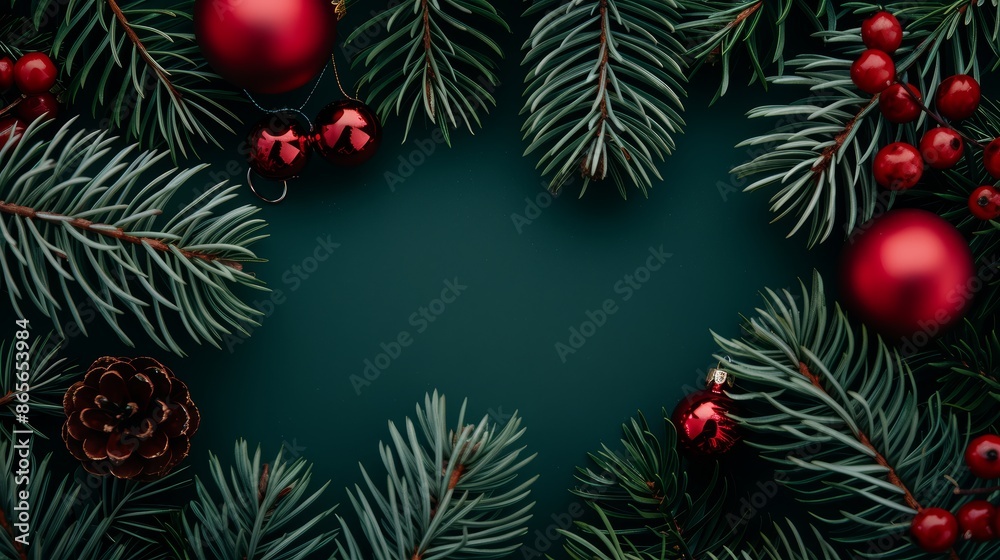 Dense Christmas tree branches adorned with festive decorations, an open section in the center perfect for holiday greetings or promotional text Dense Christmas tree branches adorned with festive decorations, an open section in the center perfect for holiday greetings or promotional text