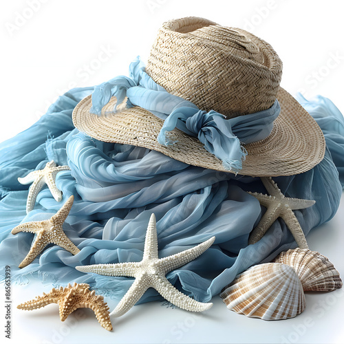 beach accessories on blue table - summer holiday isolated on white background, vintage, png photo