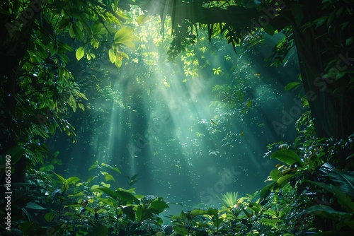 Sunlight filtering through treetops in a dense jungle environment © Ева Поликарпова