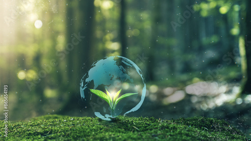 Digital Globe Concept Earth on Young plant springing up out of the moss soil