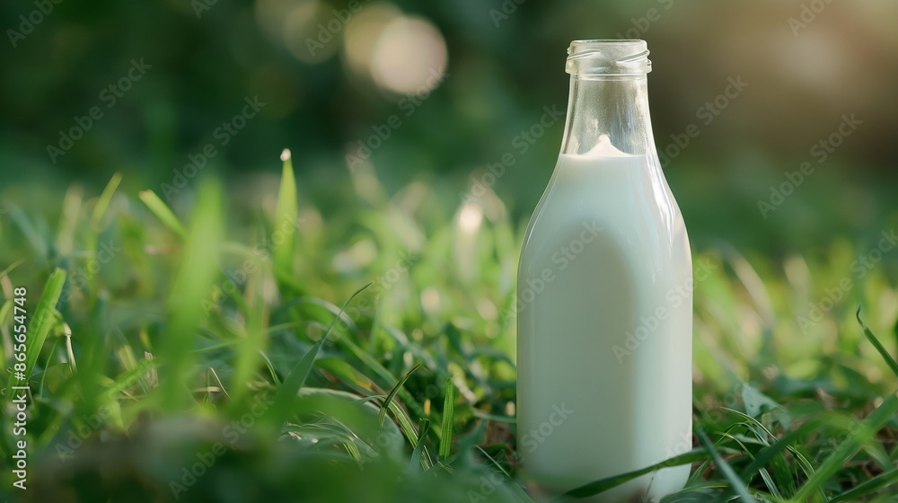 A glass bottle of fresh milk sits against a backdrop of lush green grass. A bottle of milk in a clear glass bottle standing on the grass. Organic, healthy farm product. Healthy living. Organic dairy. A glass bottle of fresh milk sits against a backdrop of lush green grass. A bottle of milk in a clear glass bottle standing on the grass. Organic, healthy farm product. Healthy living. Organic dairy.