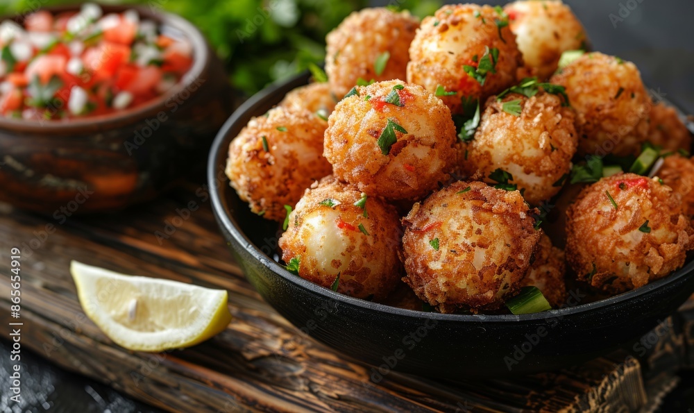 Fried potato balls with a slice of lemon and a bowl of salsa Fried potato balls with a slice of lemon and a bowl of salsa