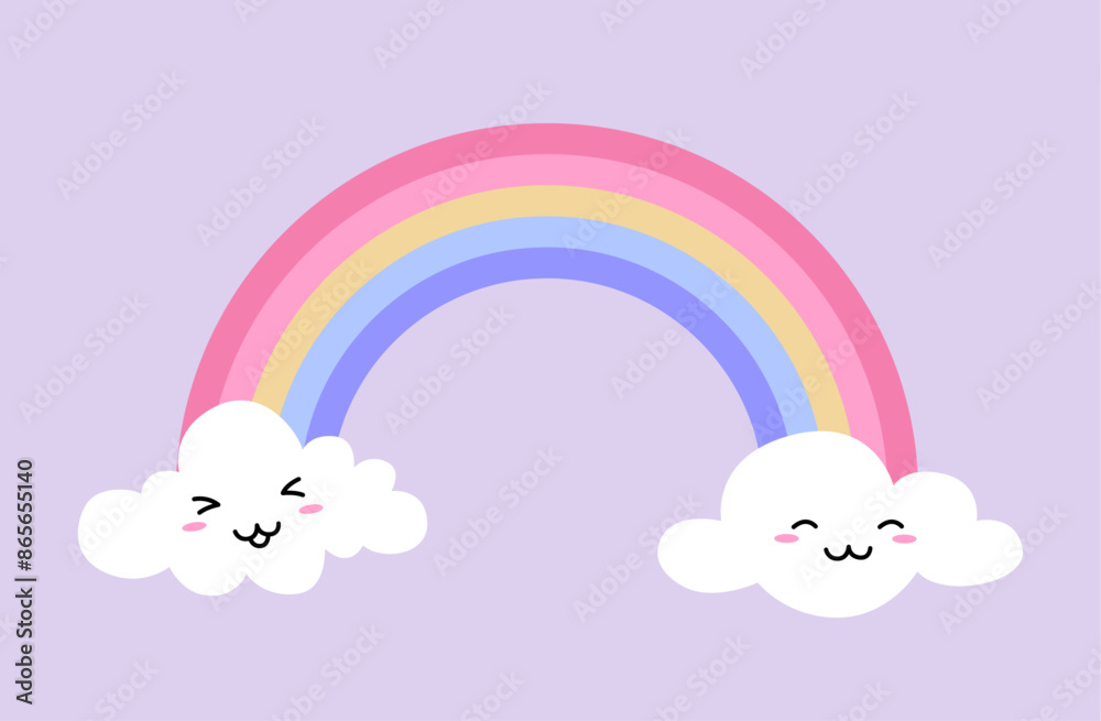 Kawaii rainbow with clouds on violet background. Vector illustration. Kawaii rainbow with clouds on violet background. Vector illustration.