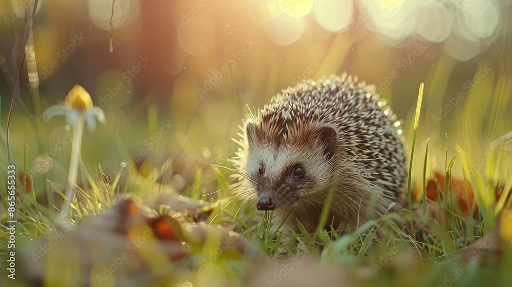 Hedgehog searches for food in the grass post winter Hedgehog searches for food in the grass post winter
