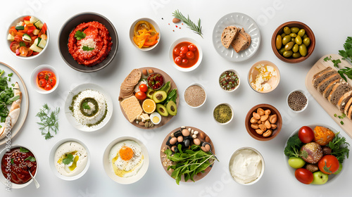 various healthy foods are arranged on the table, presenting a top view of a nutritious spread isolated on white background, simple style, png
