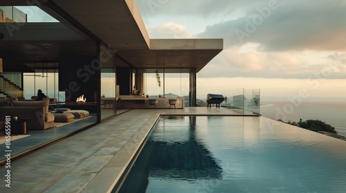 Modern luxury house with infinity pool and stunning ocean view. Sophisticated architecture concept. Ideal for residential design inspiration and vacation retreat visuals. AI
