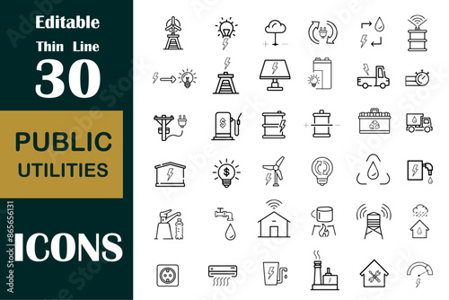 Public utilities web icons thin line set. Rent receipt, electricity, water, gas, garage, heating, collection. Vector illustration.