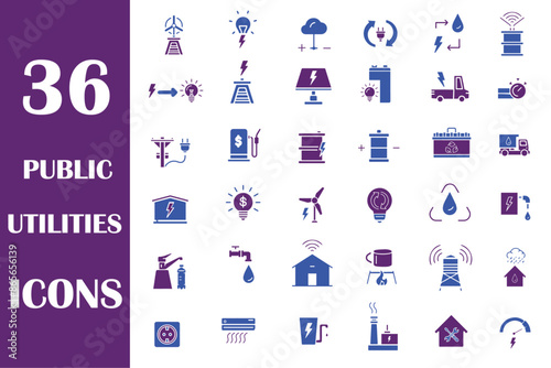 Public utilities web icons thin line set. Rent receipt, electricity, water, gas, garage, heating, collection. Vector illustration.