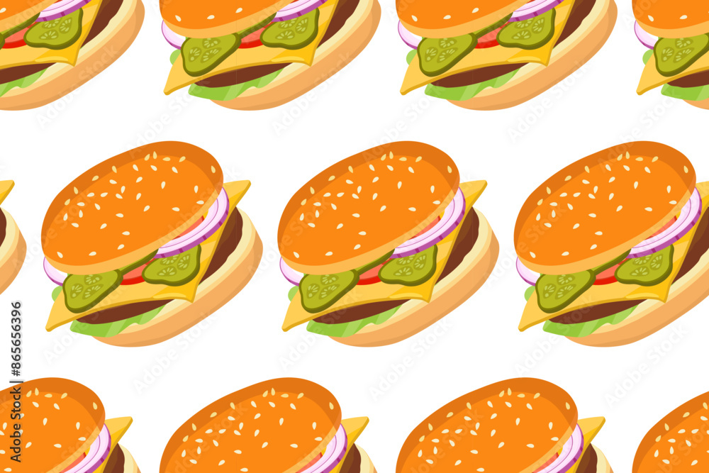 Seamless Burger pattern. Cartoon hamburger repeated pattern. Fast food print. Flat design for menu cafe, restaurant. For textile, wrapping paper, wallpaper, cover design, scrapbooking. Unhealthy diet Seamless Burger pattern. Cartoon hamburger repeated pattern. Fast food print. Flat design for menu cafe, restaurant. For textile, wrapping paper, wallpaper, cover design, scrapbooking. Unhealthy diet