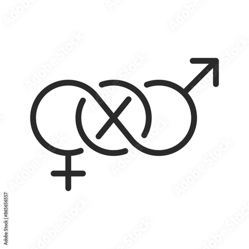Interconnected gender symbols, linear style icon. gender relations and diversity. Editable stroke width