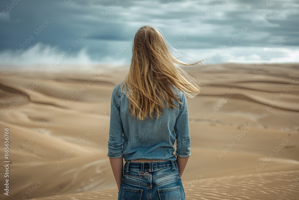 A woman stands in a desert with her back to the camera, surrounded by sand and rocky outcroppings A woman stands in a desert with her back to the camera, surrounded by sand and rocky outcroppings
