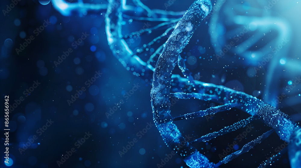 Abstract blue background with double helix and DNA in medical science concept, light line on the side of human cell structure for research of birth Abstract blue background with double helix and DNA in medical science concept, light line on the side of human cell structure for research of birth