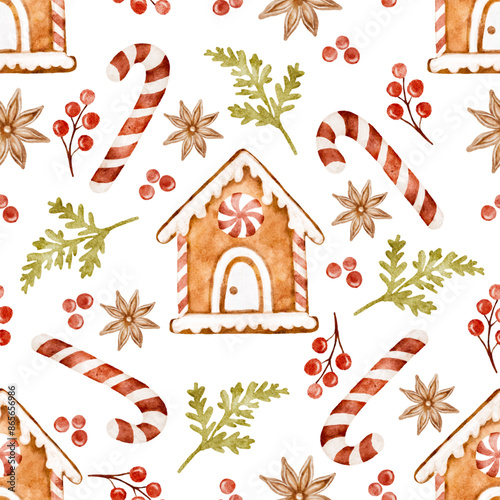 Seamless pattern watercolor Christmas gingerbread house cookies, red holly berries, anise, candy can