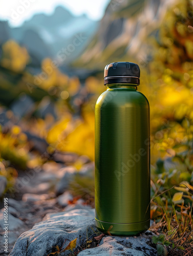 Green water bottle on a rocky trail with mountains in the background.