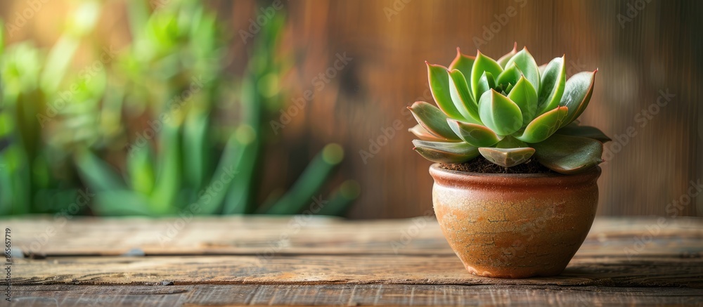 Succulent planted in a pot on a wooden table with empty space for text Succulent planted in a pot on a wooden table with empty space for text