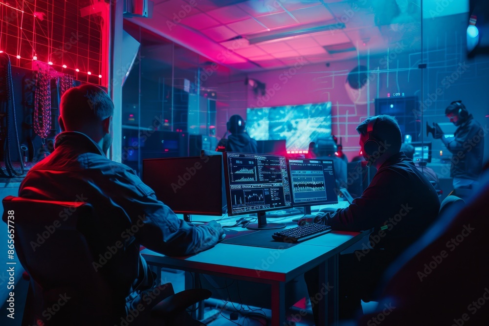 Specialist team conducting modern cyber attack simulation in bright training room Specialist team conducting modern cyber attack simulation in bright training room