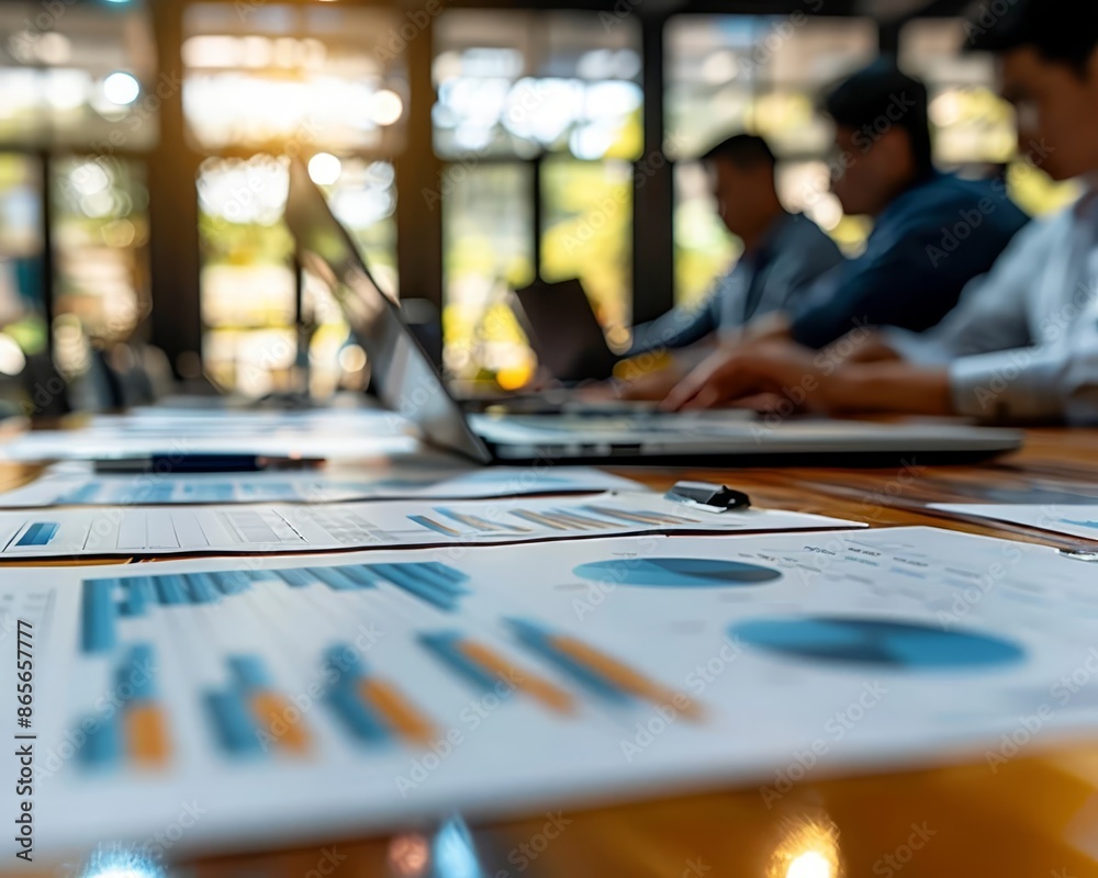 Executives reviewing business documents in a modern office, with papers, laptops, and financial reports spread across the table Executives reviewing business documents in a modern office, with papers, laptops, and financial reports spread across the table
