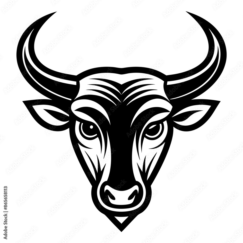 Detailed black and white illustration of a bulls head with distinctive horns Detailed black and white illustration of a bulls head with distinctive horns