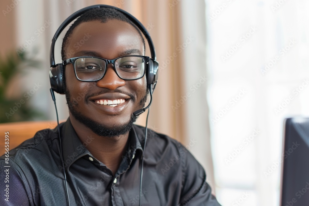 Efficient customer service representative with a proud smile adeptly managing phone calls Efficient customer service representative with a proud smile adeptly managing phone calls
