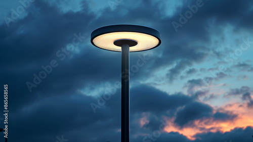 A streetlamp against a cloudy evening sky at sunset.