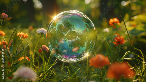 A bubble floating in a vibrant meadow with colorful flowers. © SashaMagic