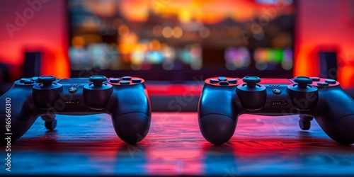 Modern gaming setup with video game console and controllers, highlighting the colorful and immersive entertainment experience of home video gaming