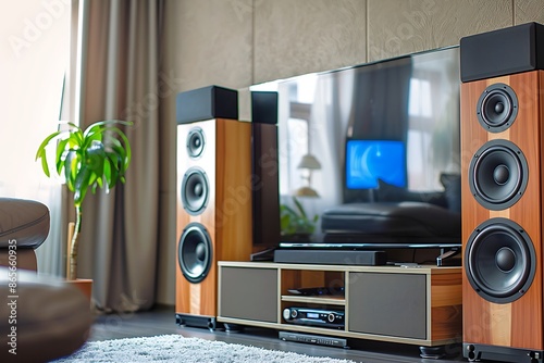 A modern home entertainment system with speakers and a flat-screen TV in a living room