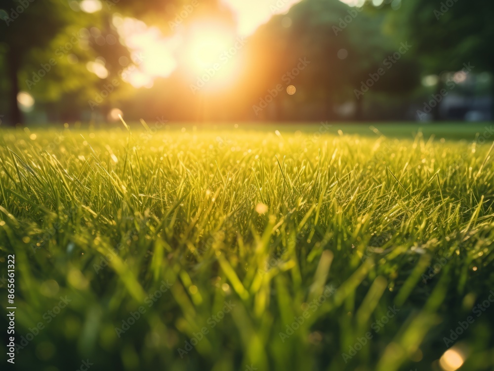 Dew-kissed grass field bathed in the warm glow of the morning Dew-kissed grass field bathed in the warm glow of the morning