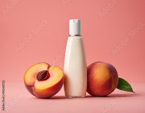 Peach yogurt mockup, elegant bottle with fresh peach slices on a pink background. Advertising concept for dairy products and drinks with natural ingredients photo