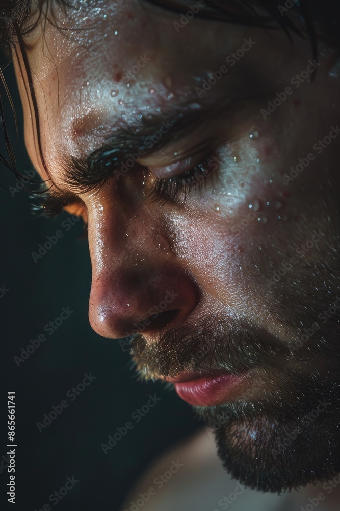 Obraz premium A close-up photo of a man's face with water dripping from his skin, ideal for use in scenes depicting refreshment or rejuvenation