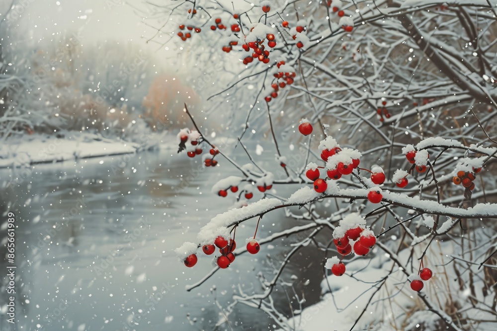 A snowy river bank with red berries on rosehip branch A snowy river bank with red berries on rosehip branch