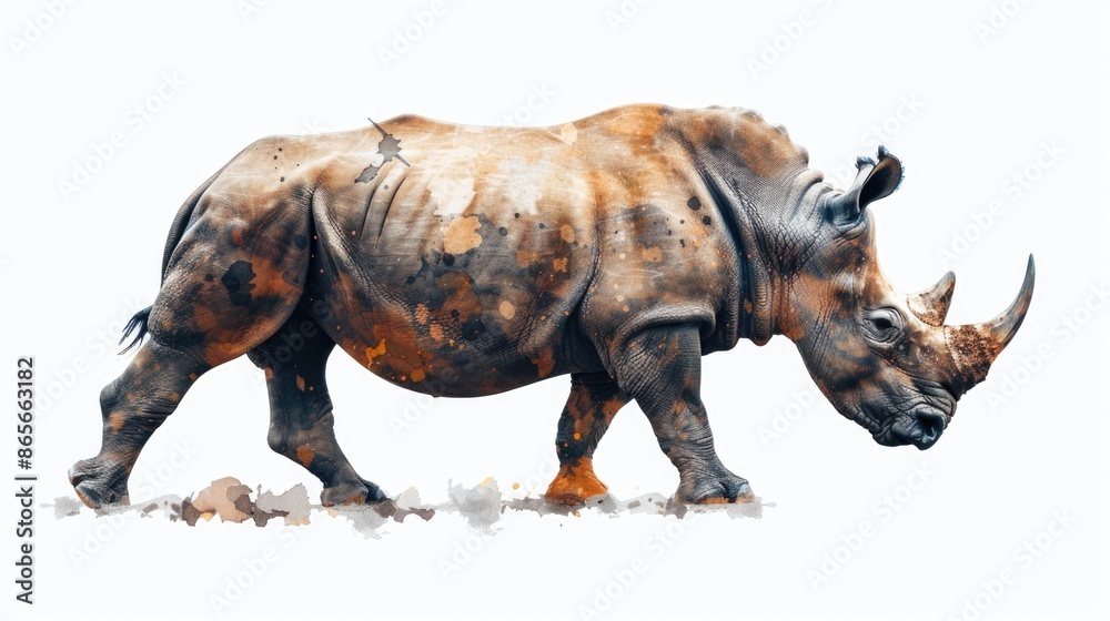 Fototapeta premium A single rhinoceros standing on a dirt field, offering a unique and fascinating visual