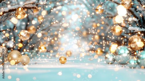 Christmas background with bokeh effects, decorated with golden and blue Christmas ornaments, filled with warm golden and cool blue twinkling lights, giving a dreamy appearance of falling snow