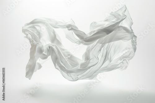 A piece of white cloth is suspended in mid-air, captured in a moment of movement