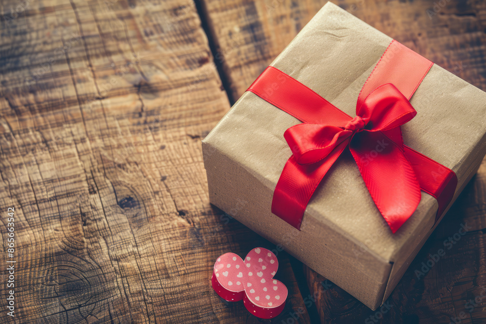 Gift box with red bow ribbon and paper heart on wooden table for Valentine's Day. Generative AI Gift box with red bow ribbon and paper heart on wooden table for Valentine's Day. Generative AI
