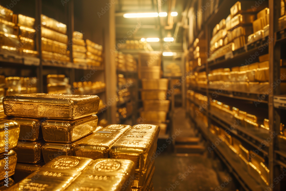 Gold bars in a warehouse. Gold bars stacked in a bank