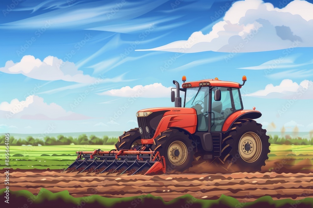Naklejka premium Agriculture involves using a tractor to prepare soil for planting and farming Agronomy focuses on agricultural practices Machinery like plows are used in f